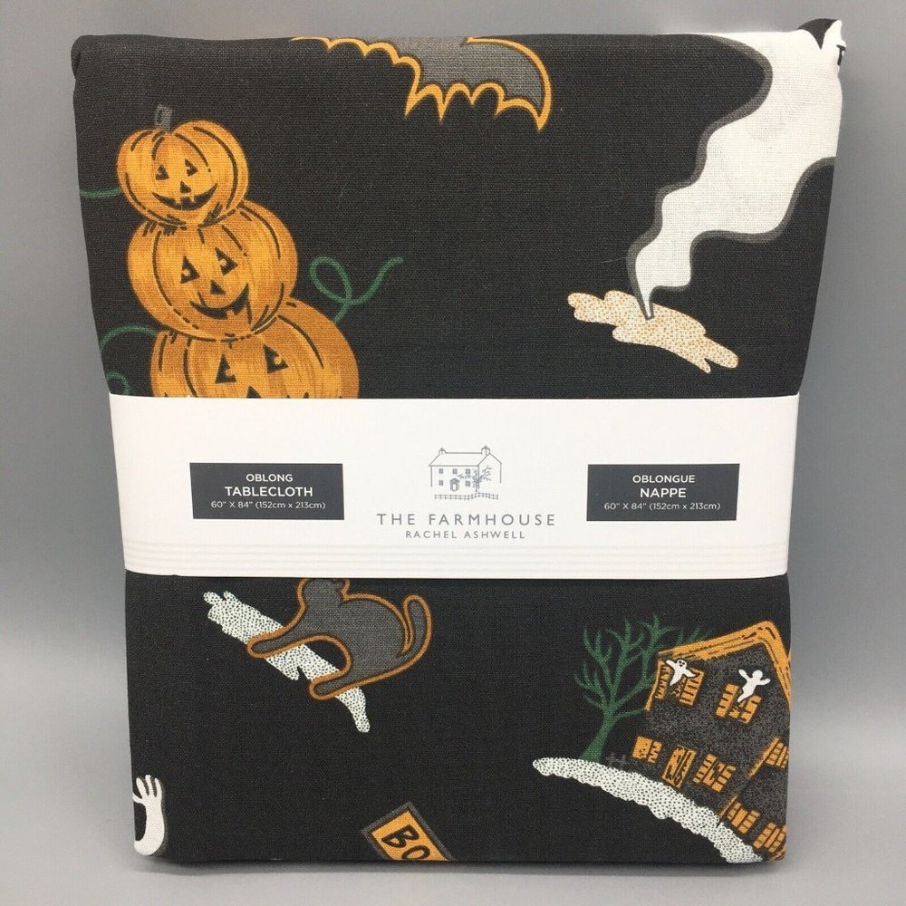 Rachel Ashwell Halloween Black Tablecloth Haunted House Pumpkin Cat 60x84